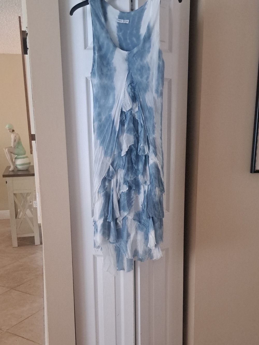 Tempo Paris Blue & White Tie-Dye Ruffle Front Dress SzM Excellent
